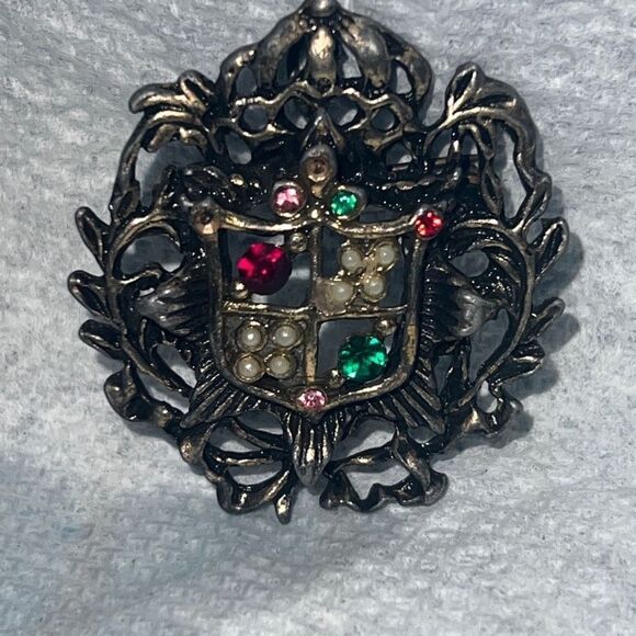 Antique Edwardian Coat of Arms Shield Crest Pink Garnet Emerald Pearls Brooch - Picture 3 of 12